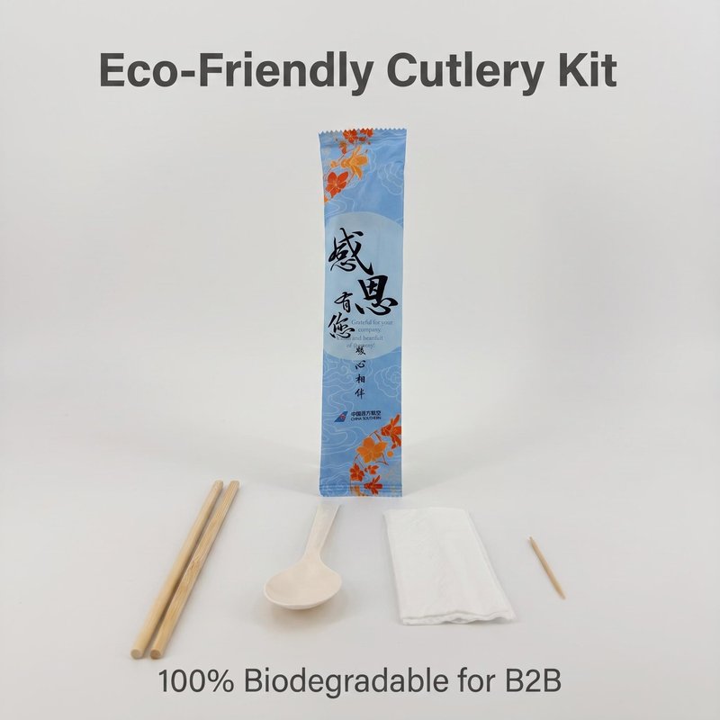 Custom Four-Piece Biodegradable Cutlery Kit – Chopsticks, PLA Spoon, Napkin, Toothpick - image 1