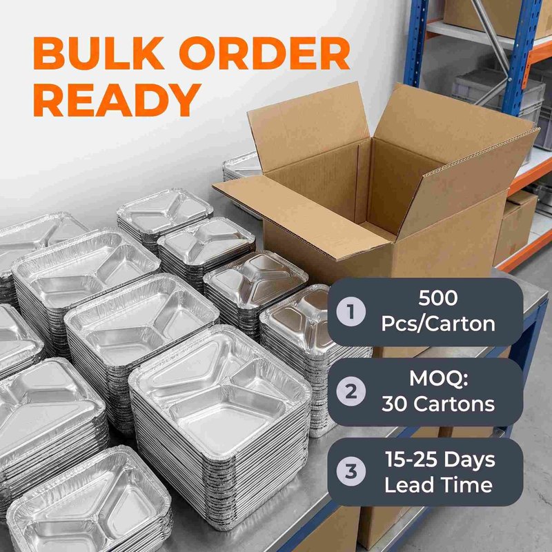 Three-Compartment Rolled-Rim Aluminum Foil Meal Container 227×178mm – Bulk OEM - image 7