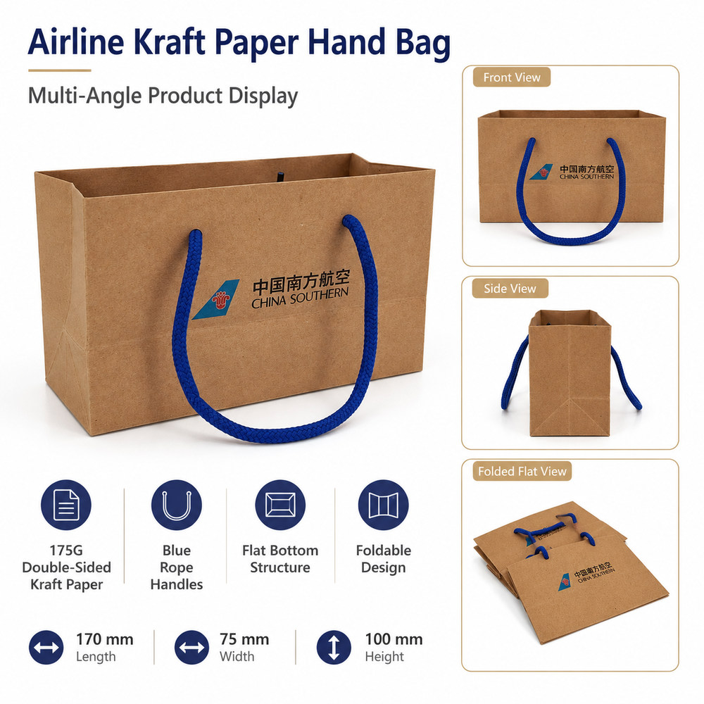 Compact 170x75x100mm airline kraft paper hand bag on aircraft meal tray - flat-bottom stable design for inflight catering Compact 170x75x100mm airline kraft paper hand bag on aircraft meal tray - flat-bottom stable design for inflight catering