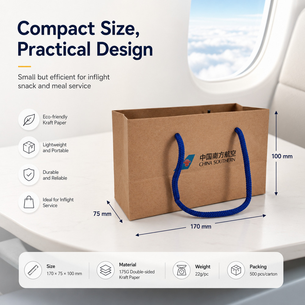 Airline kraft paper hand bag serving inflight meal boxes and snacks during catering service Airline kraft paper hand bag serving inflight meal boxes and snacks during catering service