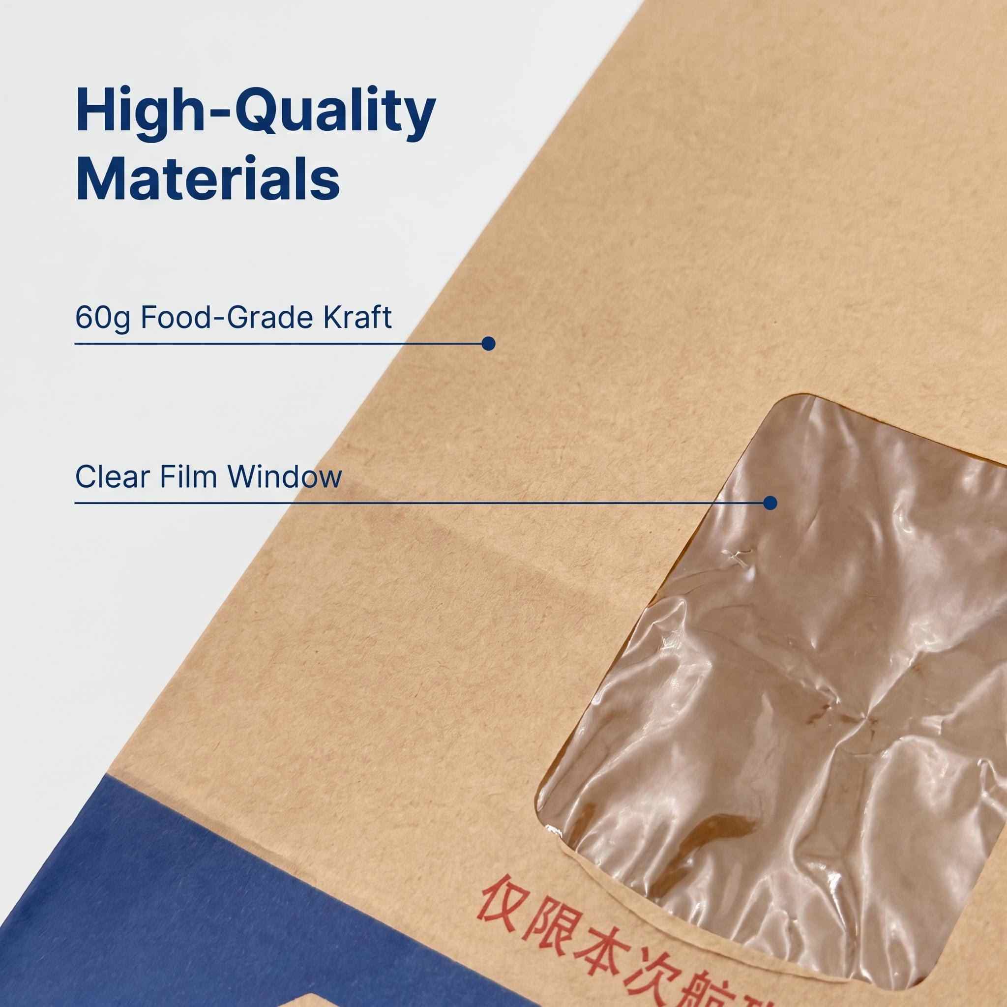 Food-grade 60g kraft paper and transparent film window close-up – premium snack bag material
