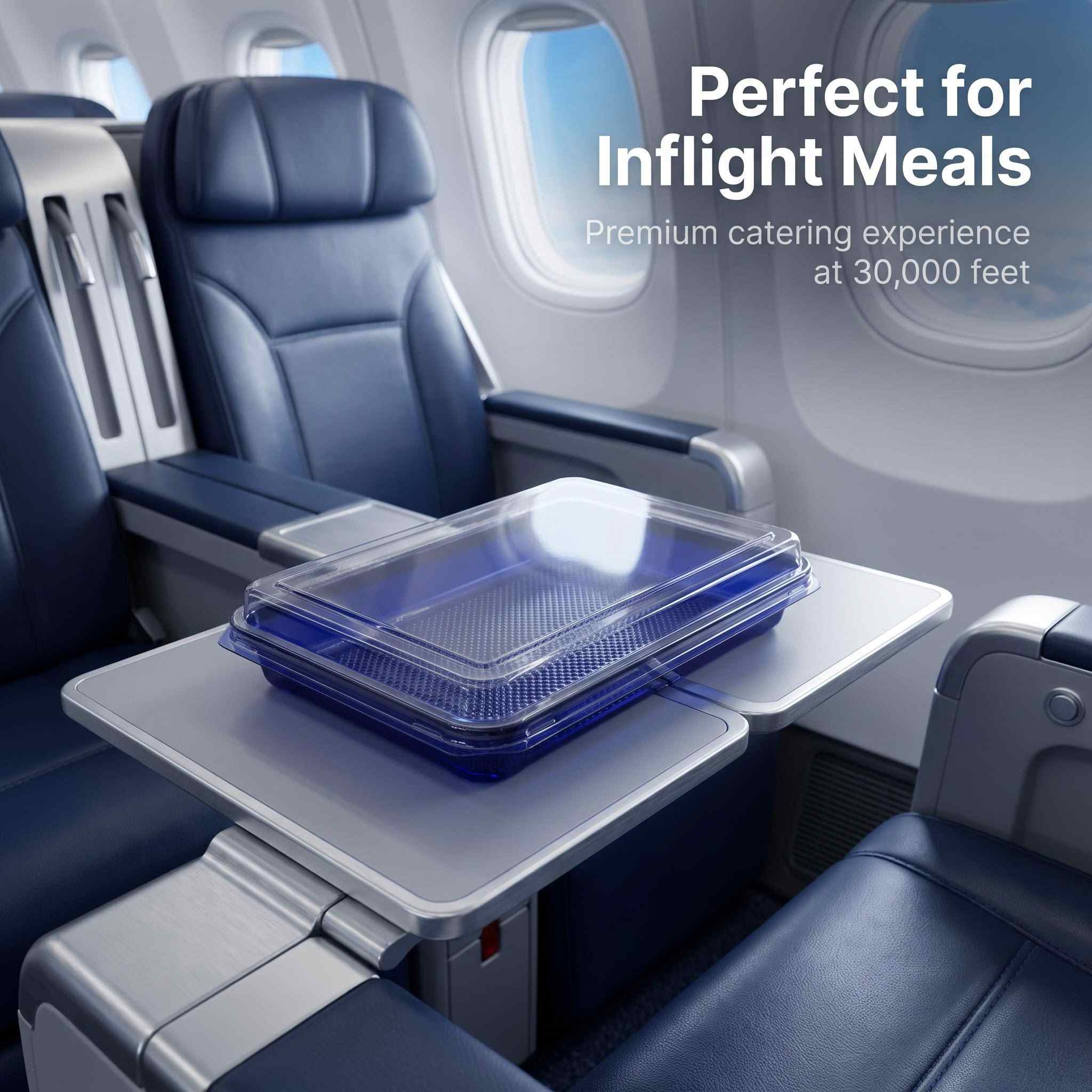 Display of customized PP meal boxes with embossed airline logos and alternative base color options.