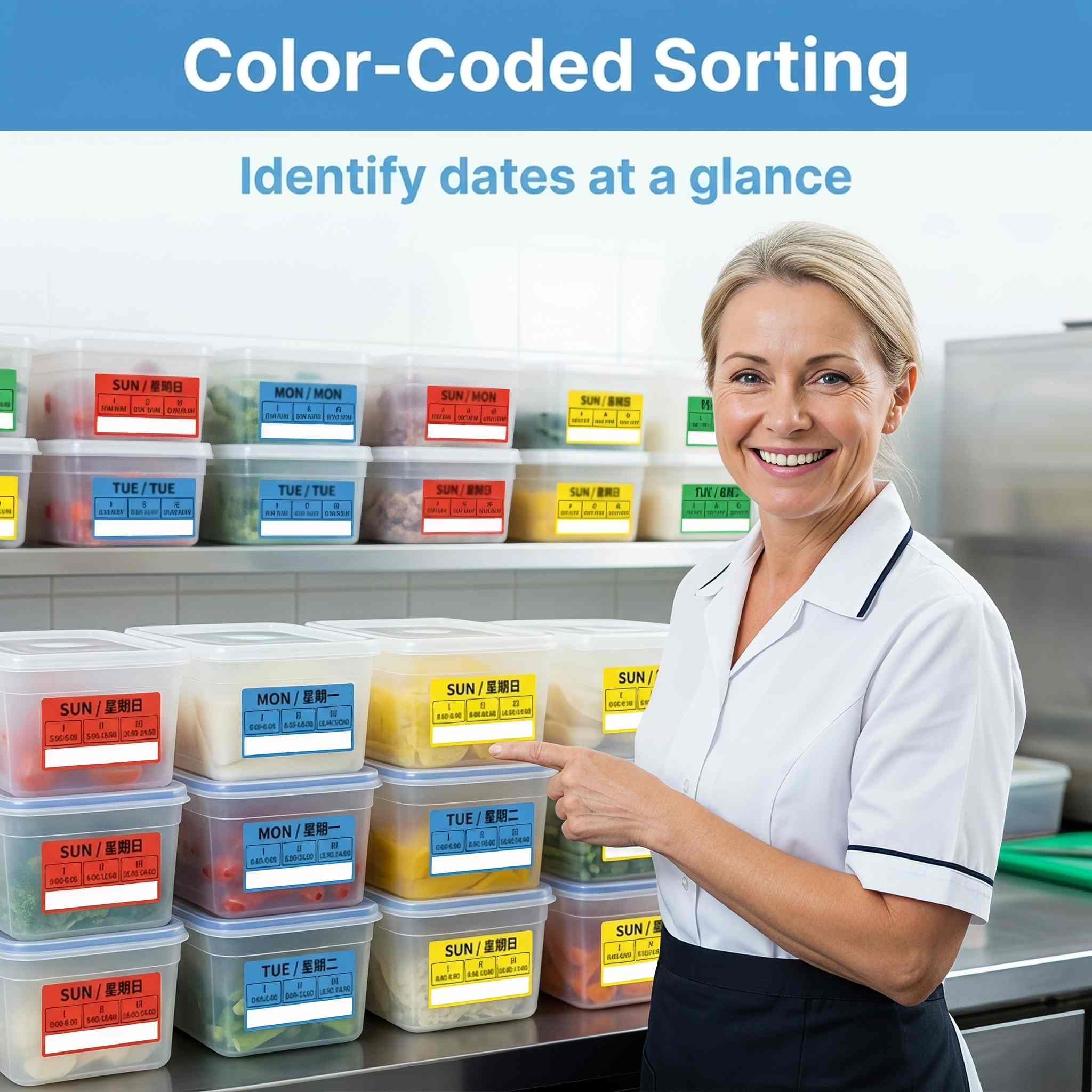 Quick identification of color-coded day-of-the-week labels in kitchen operation Quick identification of color-coded day-of-the-week labels in kitchen operation