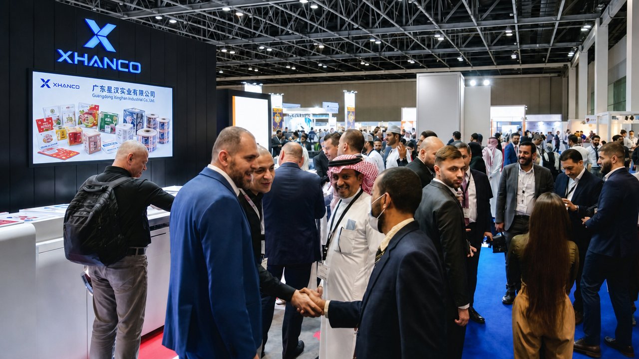 XHANCO team meeting international buyers at a packaging trade exhibition